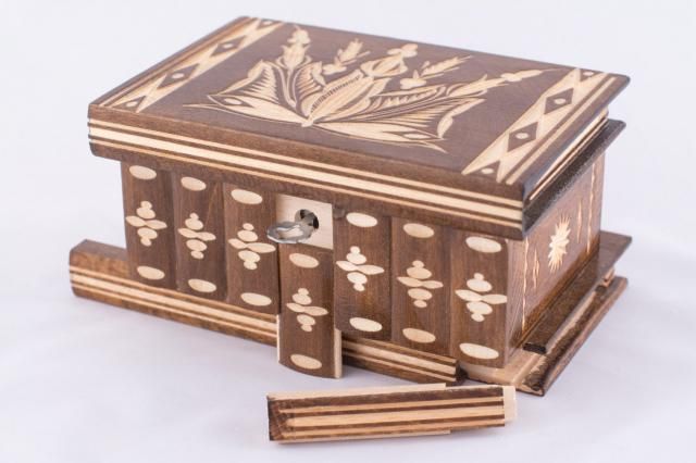 Hungarian Vintage Puzzle Jewelry Box Organizer Holder Watch Case w/ Secret Lock Brown