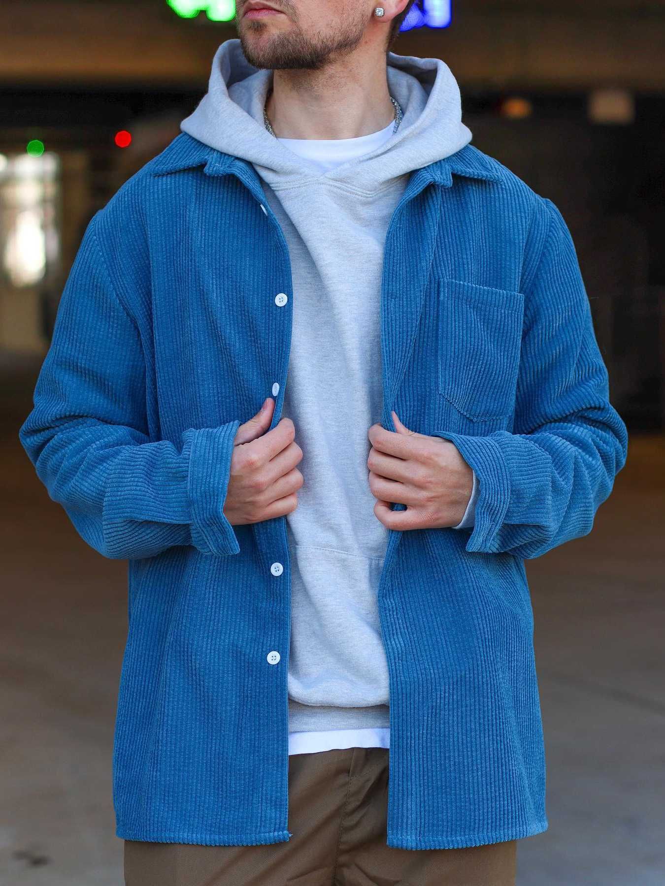 Solid Color Corduroy Long Sleeves Shirt In BLUE | ZAFUL 2025