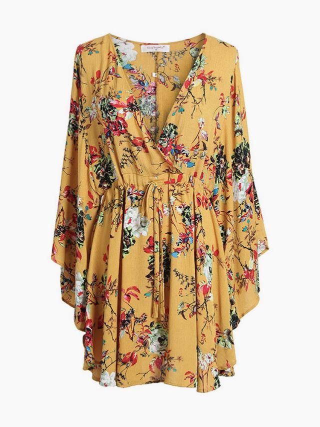 Smocked Slit Printed Tie Shoulder Dress
