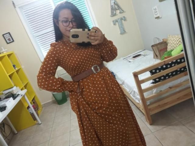 ◆Loulouseoul◆ Cherry Dot Frill Dress Brown P0000FPQ Golden Dotted Ruffled Overlay Off-Shoulder Dress in Lilac