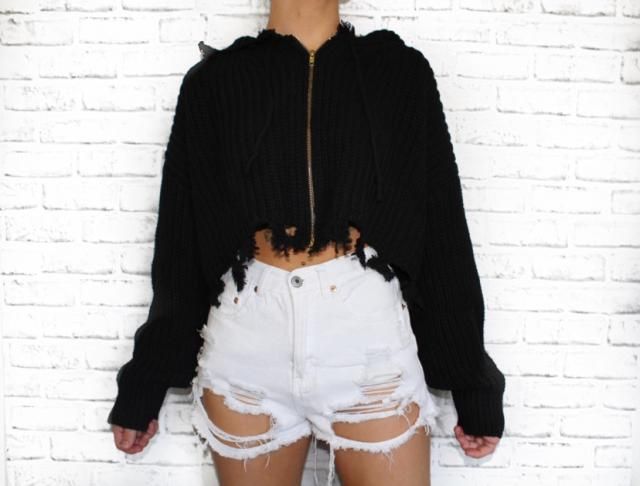 【YOURNUS】Crop Two Way Knit Zip Up SOLY HUX Women's Zip Up Hooded Crop Cardigan Cable Knit