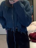 hooded zip up distressed cropped cardigan