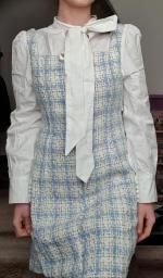 2022 Plaid Pussy Bow Tweed Combo Dress 