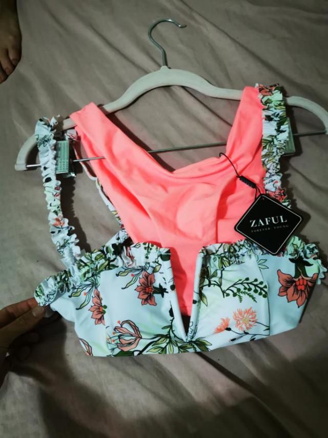 ZAFUL Frilled V-wired Plant Print Bikini Swimsuit In PEACOCK