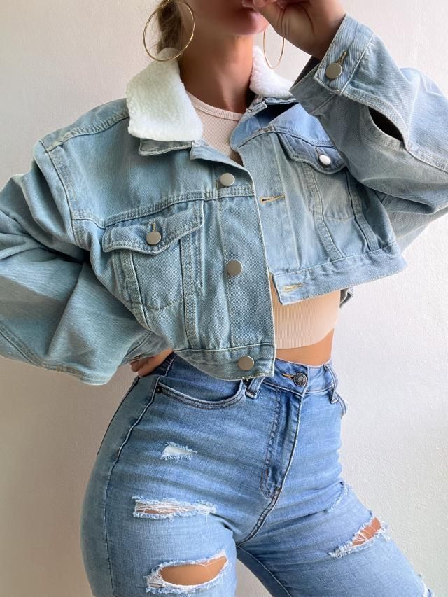 Drop Shoulder Teddy Faux Shearling Collar Denim Jacket In