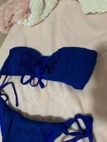 Wave Textured Hammered Trim Bandeau Tie Side Bikini Set - Light Blue