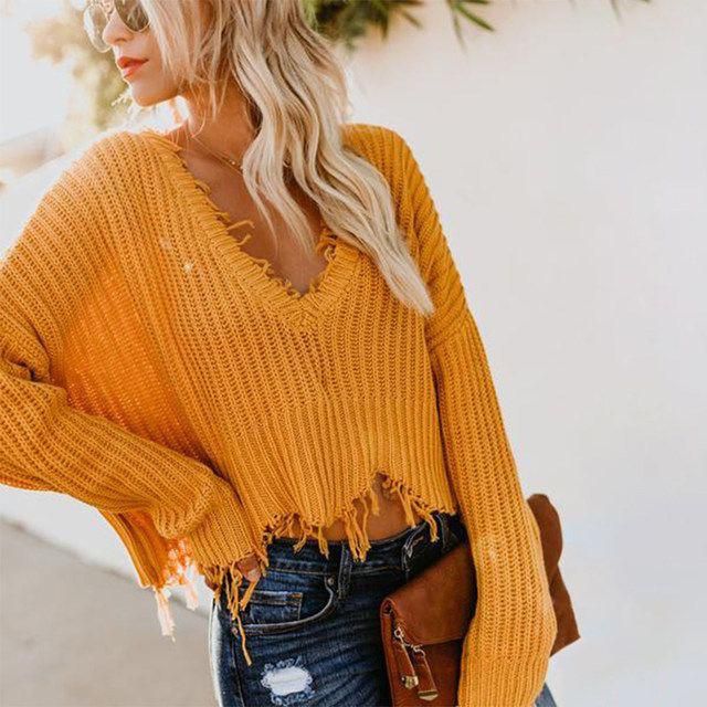 [33% OFF] 2019 Loose Ripped V Neck Sweater In YELLOW | ZAFUL